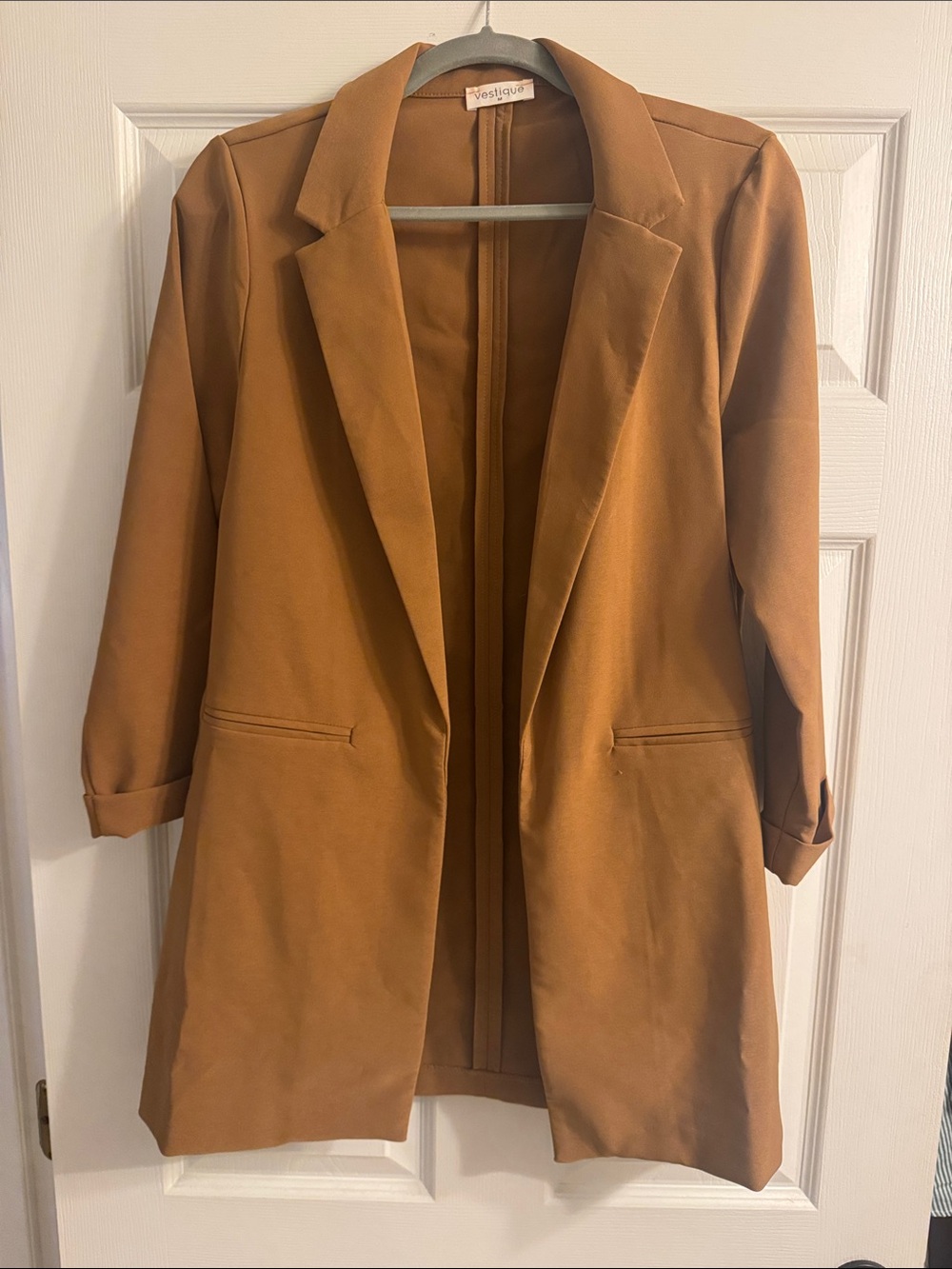 vestique Camel Long Open-Front Blazer